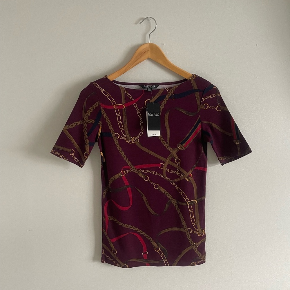 Lauren Ralph Lauren Women’s Belting-Print Boat Neck Tee NWT